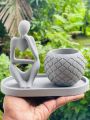 cactus pot set with thinking man statue penholder cement product. 