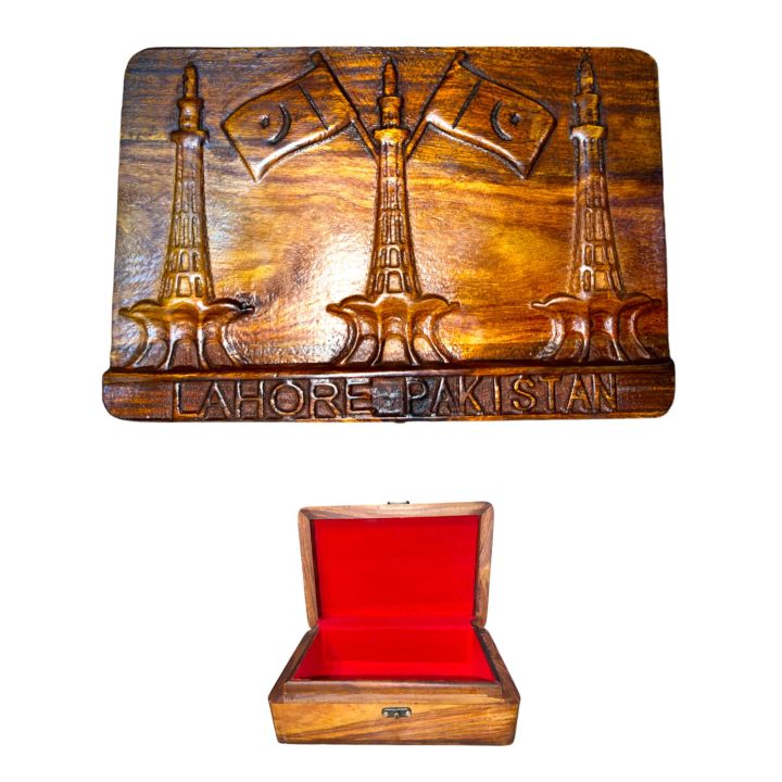 Best Wooden Jewellery Boxes - Pure Wood Jewellery Box - Pakistan Landmarks Jewellery/Stationery Box - Wooden Hand Curved Case - Minar-e-Pakistan, Bab-e-Khyber, Leaf Design Case