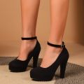 Large Size 42 Super High Heels Shoes for Women Ankle Buckle Chunky Platform Pumps Woman Black Flock Square Heel Party Shoes.