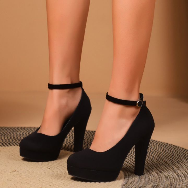 Large Size 42 Super High Heels Shoes for Women Ankle Buckle Chunky Platform Pumps Woman Black Flock Square Heel Party Shoes