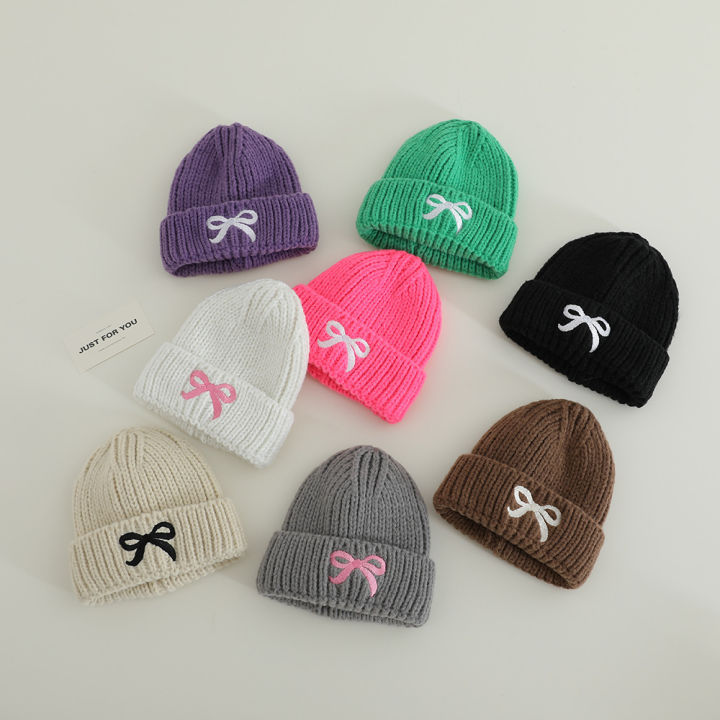 Children Knitted Warm Soft Hat 48-52cm Autumn Winter Girls Boys Windproof Hats with Bow Toddler Cold Proof Cap Kids Thicken Caps