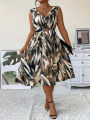 Elegant Plus Size Women's Fashion Print  V-Neck Dress Stylish Commute Slim Fit Sleeveless Dress. 