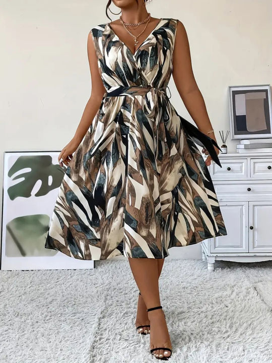 Elegant Plus Size Women's Fashion Print  V-Neck Dress Stylish Commute Slim Fit Sleeveless Dress