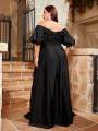 Mgiacy plus size Line neck puffy sleeve satin spliced sequin retraction long skirt Evening gown PROM dress Party dress.