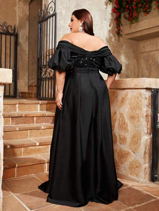 Mgiacy%20plus%20size%20Line%20neck%20puffy%20sleeve%20satin%20spliced%20sequin%20retraction%20long%20skirt%20Evening%20gown%20PROM%20dress%20Party%20dress%20-%20Image%202
