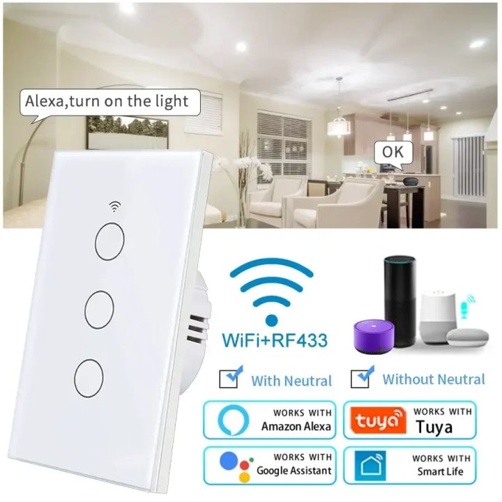 Tuya WiFi Smart Light Switch US Standard Work with Alexa Home Wall Touch Switch 1 2 3 4 Gang 110V 220V RF433Mhz Remote