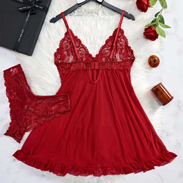 Lingerie%20Sleep%20Dress%20Women%20Nightdress%20Lace%20Sleepwear%20Solid%20Slim%20Soft%20V%20Neck%20Full%20Slip%20Dresses%20&%20Panties%20Set%20-%20Image%206