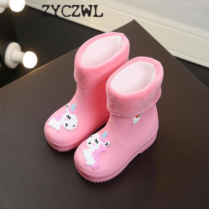 New Kids Rain Boots For Girls Rainboot Boys Baby Girls PVC Warm Children Waterproof Shoes Modis Cartoon Unicorn Removable