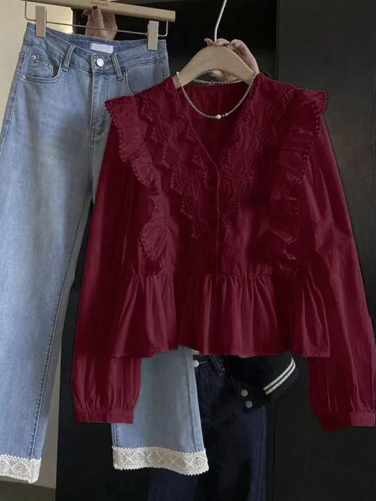 Plus%20Size%202025%20Autumn%20New%20Arrivals%20Women's%20Casual%20Solid-Colour%20Lace-Panel%20Ruffled%20Long-Sleeved%20Top%20Fashionable%20and%20Elegant%20-%20Image%206