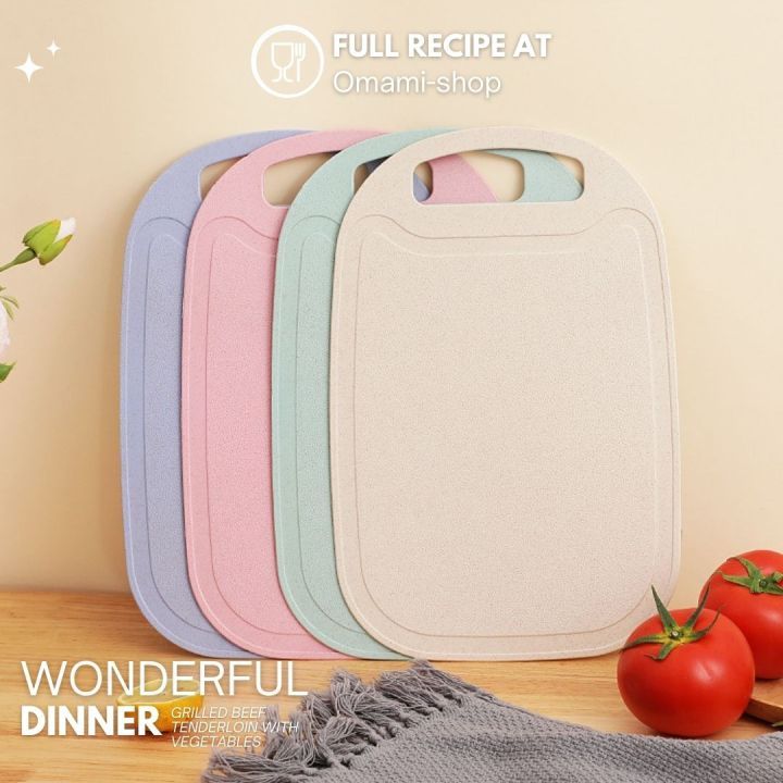 4 colors available! Wheat straw plastic chopping board environmental friendly material size 25.5*15.5cm. The size is fit for vegetable meat slicer.