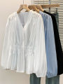 2026 V-neck Long Sleeved Plus Size Shirt Loose Pleated Ruffle Oversized Tops Ladies Chic Elegant Solid Versatile Blouse. 