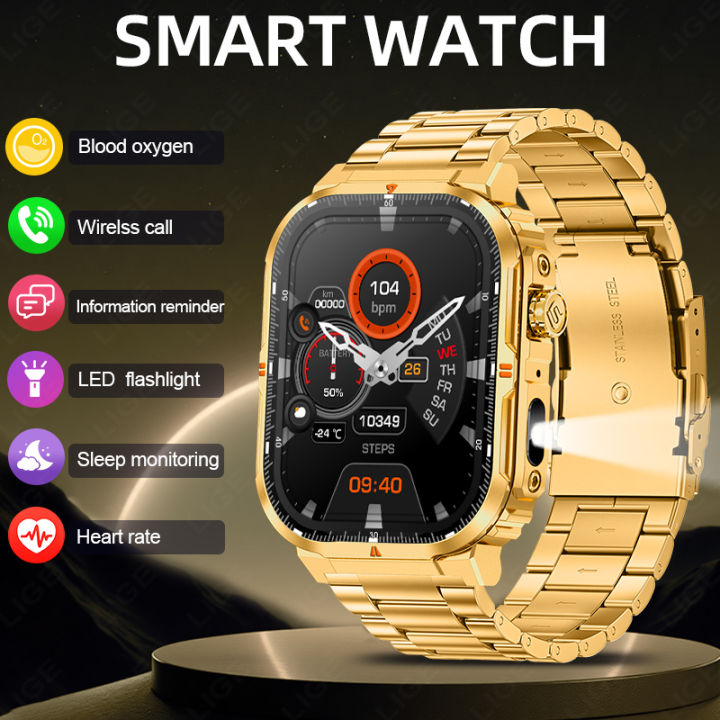 LIGE Men's Smart Watch With LED Flashlight 2.01-inch HD Screen Bluetooth Calling Heart Rate Monitor AI Voice Control Waterproof
