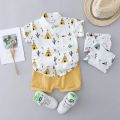 2PCS Children's Summer 100% Cotton Random Full Print Triangle Pattern Short Sleeved Stand up Collar Shirt and Shorts Set. 