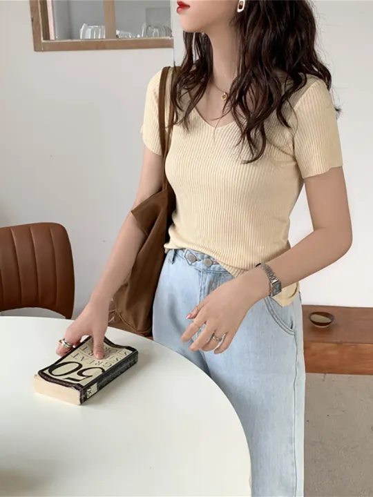 AOSSVIAO%202026%20Basic%20V-neck%20Solid%20Thin%20Summer%20Pullover%20Women%20Female%20Knitted%20Ribbed%20Sweater%20Slim%20Short%20Sleeve%20Bodycon%20Sweater%20-%20Image%206