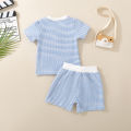Summer Unisex Infant Independence Day Big Flag Embroidered Waffle Short Sleeve Top and Waffle Shorts Two-piece Set.