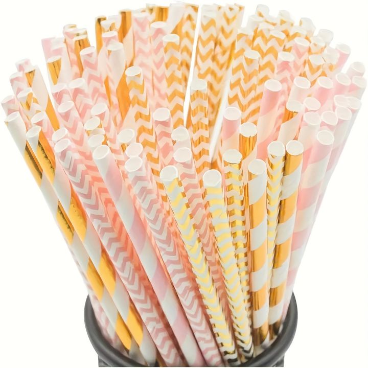25/50pcs Pink & Golden Striped Biodegradable Paper Straws Set for Juices Cocktails Smoothies Eco-Friendly Drinkware Accessory