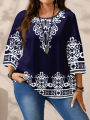 Plus Size Women's Boho Print T - Shirt, Navy Blue with White Floral Patterns, 3/4 Sleeves, Super Comfy for Daily Casual Wear.