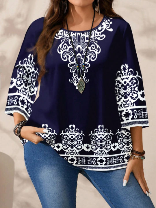 Plus Size Women's Boho Print T - Shirt, Navy Blue with White Floral Patterns, 3/4 Sleeves, Super Comfy for Daily Casual Wear