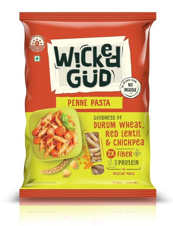 Penne Pasta- 400 Grams Noodles-WickedGud  - Chickpea,Red Lentil & Brown Rice - 400 gm | No Maida | No Oil | No MSG | High Protein | High Fibre | Cholesterol Free