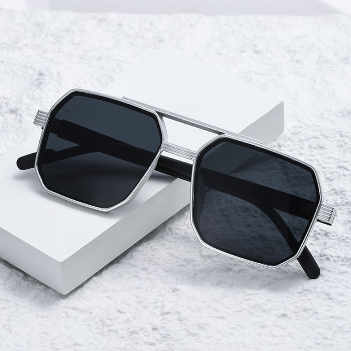 Car Sun Glasses New Fashion Double Beam Polygonal Sunglasses Retro Personalized Trendy Large Frame Eyewear European and American