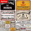 Trendy ACHTUNG HALT War Metal Sign Modern Twist on Vintage War Design, Printed on High Grade Tin, Ideal for Contemporary Pub. 