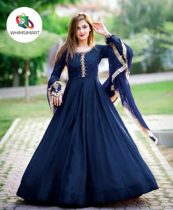 Embroidered Chiffon Maxi Dress for Women - Kaya Work on Neck and Sleeves, Lace Dupatta, 3-Piece Set, Ready-to-Wear