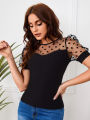 2024 spring and summer Europe and America new women's mesh polka dot stitching collage comfortable casual crew neck short-sleeve.