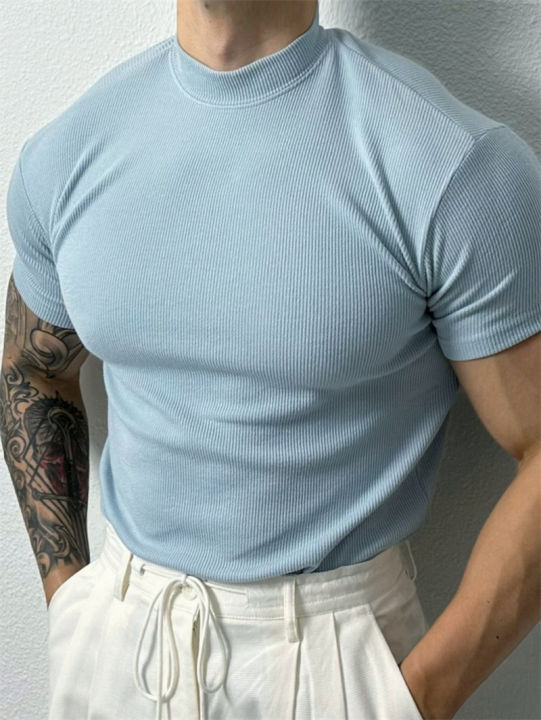 Spring Summer Fashion Men's T-Shirt Small High Collar Stripe Shirt Short Sleeve Fitness Top Leisure Sport T-Shirt Men Sportswear