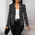 Women's Elegant Plaid Open Front Blazer | Office Wear Long Sleeve Notched Lapel Jacket.