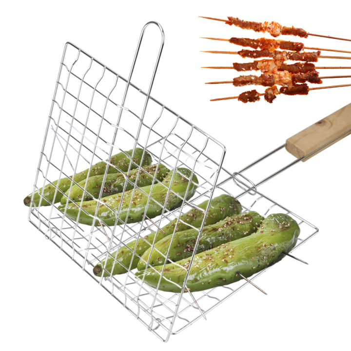 Barbecue%20Grilling%20Reusable%20Meat%20Fish%20Clip%20Holder%20Wooden%20Handle%20Stainless%20Steel%20Grill%20Mesh%20Foldable%20BBQ%20Grill%20Mat%20Grilling%20Basket%20-%20Image%202
