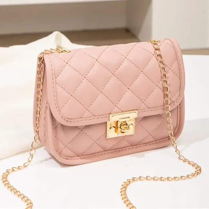 Women's Solid Color Simple Embroidery Thread Rhombus Large Capacity Chain Shoulder Messenger Bag