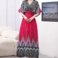 Casual Elegant Retro Bohemian Style V-neck Elastic Waist Large Swing Printed Long Skirt Autumn Summer Dress for Woman Clothes. 
