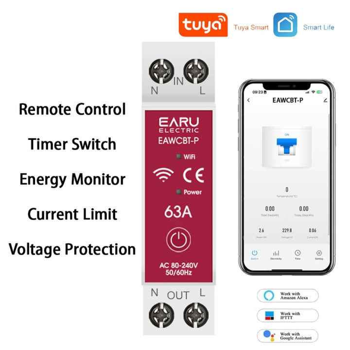 All in 1 Smart Wifi Circuit Breaker Energy Monitor Volt Protector Remote Conteolled 63A