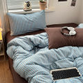 Soft Washed Cotton Bedding Set Blue Brown Stripe Duvet Cover Set With 2 Pillowcases For Daily Bedroom Decor Twin Queen No Sheet. 