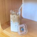 2PCS Square Heat Resistant Coffee Glass Cup With Lid and Straw Transparent Milk Tea Juice Cups Coffee Mug For Home Bar Drinkware. 