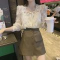 New French Square Collar Apricot White Lace Blouse Autumn Casual Loose Tops Sweet Puff Long Sleeve Lace-up Shirt Blusas 17442. 