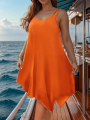 Large women's solid color asymmetrical hem camisole dress. 