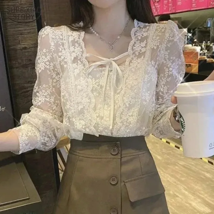 New%20French%20Square%20Collar%20Apricot%20White%20Lace%20Blouse%20Autumn%20Casual%20Loose%20Tops%20Sweet%20Puff%20Long%20Sleeve%20Lace-up%20Shirt%20Blusas%2017442%20-%20Image%203