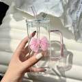 350ML Square Mug with Lids and Straws with Bow Water Cup Household Cup Female Milk Coffee Cups with Pink Handle Gift. 