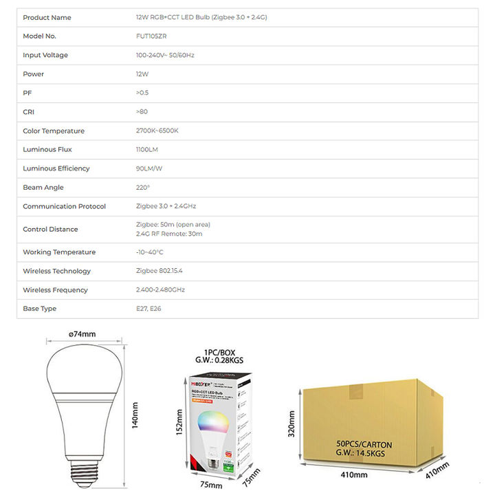 Miboxer%20FUT105ZR%20Zigbee%203.0+2.4GRF%20AC100-240V%20Smart%20TUYA%20%2012W%20E27%20RGB+CCT%20Brightness%20and%20color%20temperature%20adjustable%20LED%20Bulb%20-%20Image%204