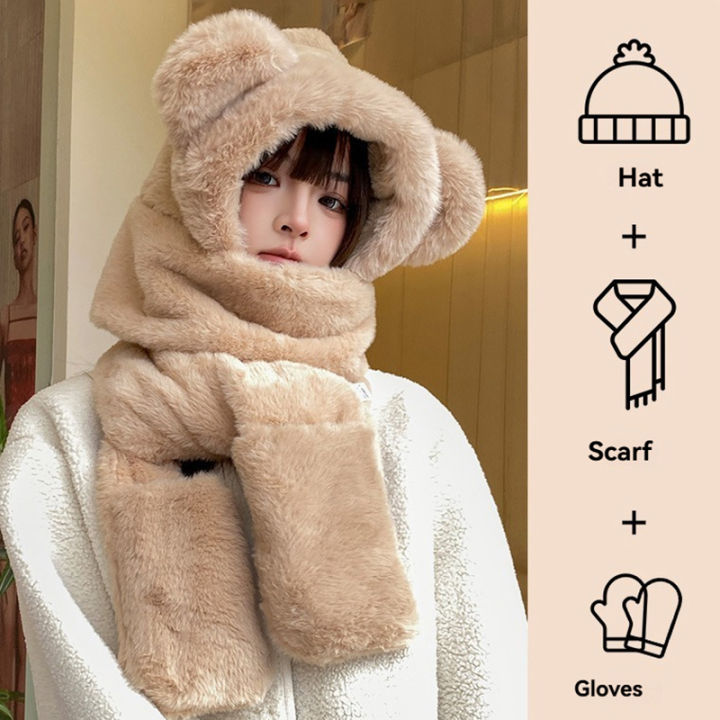 Winter%20Warm%20Plush%20Fleece%203-in-1%20Bear%20Ear%20Hooded%20Cap%20Scarf%20Gloves%20Set%20Windproof%20Outdoor%20Accessories%20for%20Cold%20Weather%20-%20Image%202
