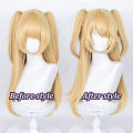 Fischl Cosplay Wig 65cm Long Golden Scalp Wigs with Ponytails Heat Resistant Synthetic Hair.