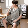 Pajamas Men Ice Silk Short-Sleeved Student Homewear Two-Piece Set of Easy-to-Clean Short-Sleeved Shorts Nightwear Loungewear. 