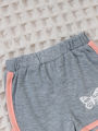 Summer Baby Girls 9-12M Pink Butterfly Print Short Sleeve T-Shirt & Gray Elastic Waist Shorts 2Pcs Set. 