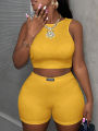 Trendy  Turmeric Ribbed Two-Piece Set Women's Crop Top and Shorts Sporty Casual Set Streetwear Nightclub Outfit. 