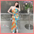 Women high waist wide leg pants fashion strapless plaid shirt two-piece dress cool style color matching exposed navel. 
