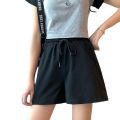 Summer Women Casual Shorts High Waist Loose Fit Drawstring Waist Solid Color Hot Pants.