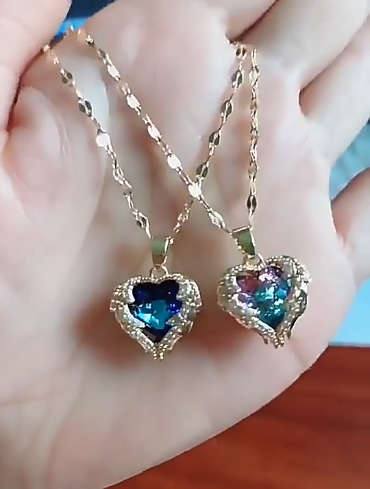 Colorful Heart of Ocean Crystal Pendant Titanium Steel Necklace For Girls