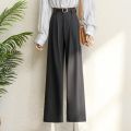 2026 New Burgundy Suits Pants for Women Office Lady Elegant High Waist Wide Leg Fashion Trousers with Pockets Black Gray.