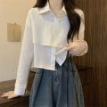 Fake 2 Pcs Shirts Long Sleeve Patchwork Tender Girl Crop Tops Camisas Ropa Mujer All-match Spring Clothing. 